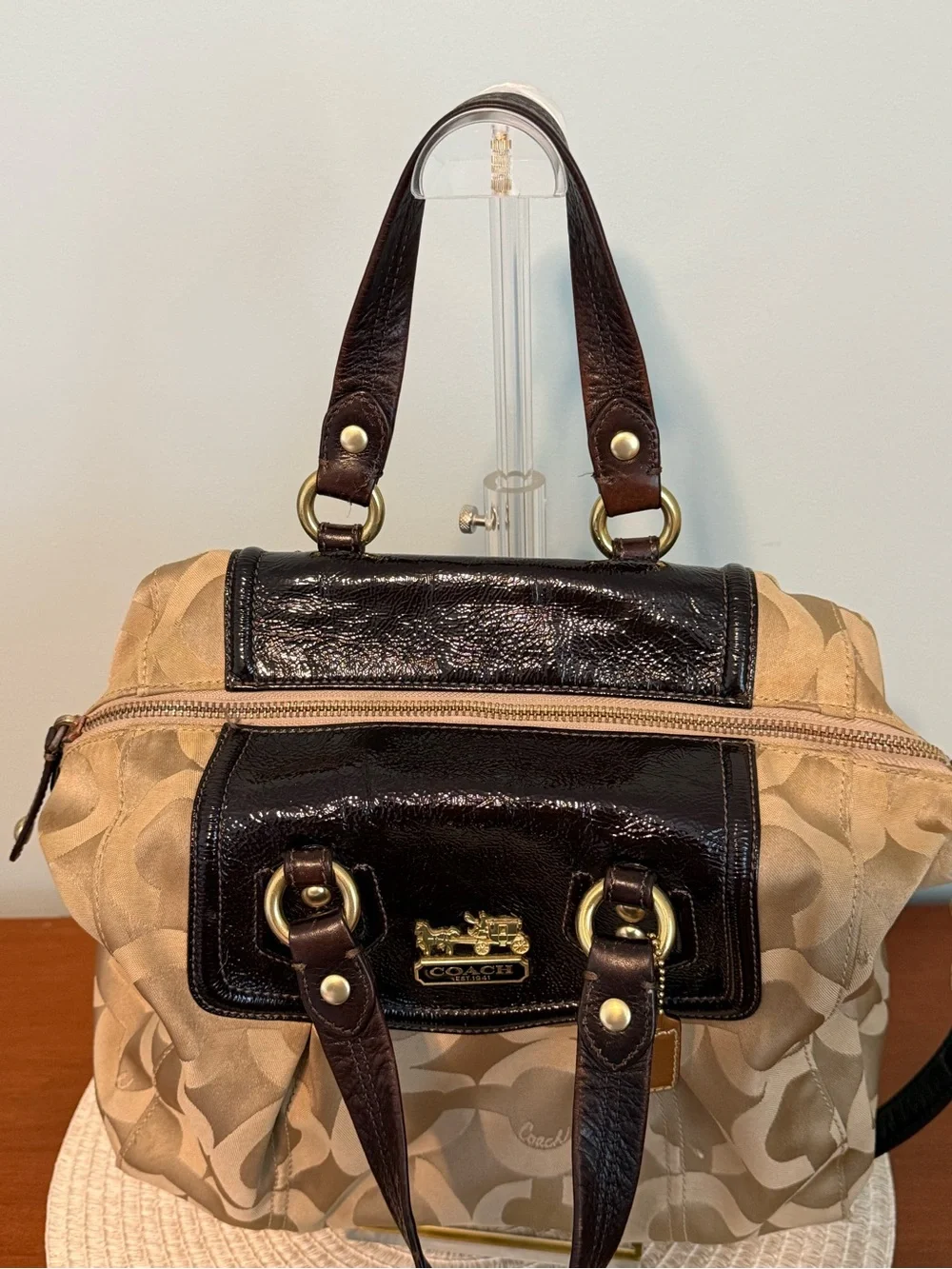 Coach Madison Audrey Op Art sateen satchel in khaki and brown